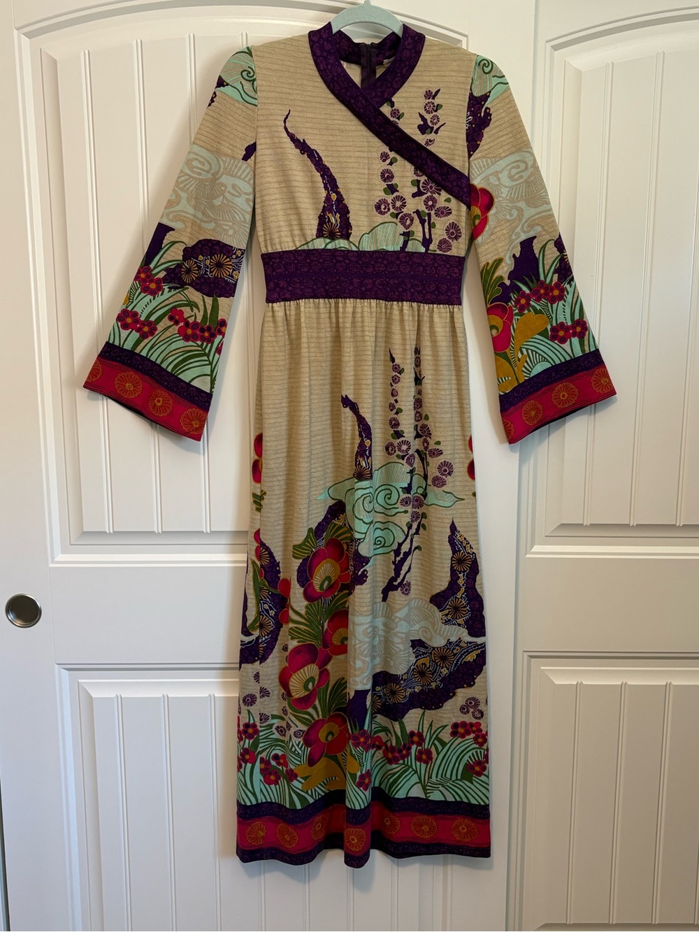 Vintage 70s Goldworm Japanese Inspired Boho Floral Maxi Dress Bell Sleeve sz 10